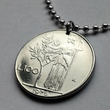 1978 Italy Italia 100 Lire coin pendant necklace Italian jewelry Minerva Rome Milan Venice Florence Bologna Genoa Verona Perugia Torino Napoli Bergamo Modena Siena Capri Palermo Parma San Gimignano Matera Positano n000478