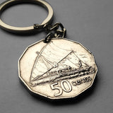 1976 Fiji 50 Cents coin pendant keychain Fijian Na Drua Waqa Tabu sailing boat Proa Polynesian Queen Elizabeth Suva Nadi Levuka Nausori Viti Levu Vanua Ono-i-Lau Coral Coast Denarau Mamanuca Melanesia Austronesia Oceania South Pacific Lautoka n001760