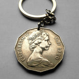 1976 Fiji 50 Cents coin pendant keychain Fijian Na Drua Waqa Tabu sailing boat Proa Polynesian Queen Elizabeth Suva Nadi Levuka Nausori Viti Levu Vanua Ono-i-Lau Coral Coast Denarau Mamanuca Melanesia Austronesia Oceania South Pacific Lautoka n001760