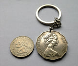 1976 Fiji 50 Cents coin pendant keychain Fijian Na Drua Waqa Tabu sailing boat Proa Polynesian Queen Elizabeth Suva Nadi Levuka Nausori Viti Levu Vanua Ono-i-Lau Coral Coast Denarau Mamanuca Melanesia Austronesia Oceania South Pacific Lautoka n001760