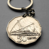 1976 Fiji 50 Cents coin pendant keychain Fijian Na Drua Waqa Tabu sailing boat Proa Polynesian Queen Elizabeth Suva Nadi Levuka Nausori Viti Levu Vanua Ono-i-Lau Coral Coast Denarau Mamanuca Melanesia Austronesia Oceania South Pacific Lautoka n001760