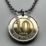 1994 British Hong Kong China 10 Dollars coin pendant Bauhinia orchid flower blossom floral Sham Shui Po Yau Tsim Mong Kwai Tsing Tai Po Sha Tin n000151