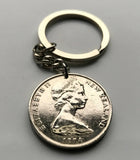 1977 New Zealand 20 Ct coin keychain pendant Kiwi bird Wellington Maori Pacific island Oceania British Hawaiki North South Island haka Tasman Sea Austronesian New Zealander Zealandia Auckland Te Waipounamu Te Reo Polynesia New Zealand Marae n000256