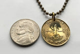 1957 Pakistan 1 Pice coin pendant crescent moon green star Tughra Karachi Lahore Faisalabad Rawalpindi Urdu Pashto Saraiki Iqbal n002156