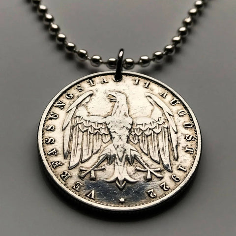 1922 Germany 3 Mark coin pendant German eagle Weimar Berlin Munich Leipzig Bremen Dresden Bavaria Nuremberg North Rhine-Westphalia n002174