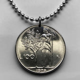 1978 Italy Italia 100 Lire coin pendant necklace Italian jewelry Minerva Rome Milan Venice Florence Bologna Genoa Verona Perugia Torino Napoli Bergamo Modena Siena Capri Palermo Parma San Gimignano Matera Positano n000478