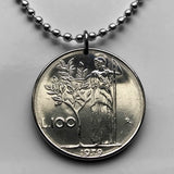 1978 Italy Italia 100 Lire coin pendant necklace Italian jewelry Minerva Rome Milan Venice Florence Bologna Genoa Verona Perugia Torino Napoli Bergamo Modena Siena Capri Palermo Parma San Gimignano Matera Positano n000478