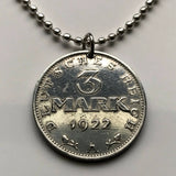 1922 Germany 3 Mark coin pendant German eagle Weimar Berlin Munich Leipzig Bremen Dresden Bavaria Nuremberg North Rhine-Westphalia n002174
