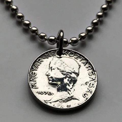 1972 Hungary Magyar 5 Filler coin pendant Hungarian girl Kalocsa tulokparta headdress folk wear Sarkoz costume Matyo embroidery Budapest Debrecen Szeged Miskolc Pecs Gyor Kecskemet Nyiregyhaza n002575