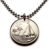 2015 Bahamas 25 Cent coin pendant Bahamian Sloop sailboat Nassau Andros Exuma & Cays Junkanoo Rose Island Rum Cay Paradise Island Pineapple Fest Gregory Town Blue Lagoon Lucayan New Providence Eleuthera Grand Bahama Gold Rock Coco Plum Beach n001300