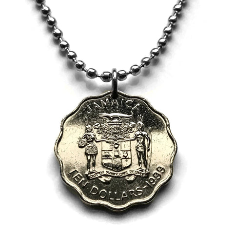 2000 Jamaica 10 Dollar coin pendant crocodile alligator pineapples George W. Gordon Kingston Portmore Spanish Town Montego Bay May Pen Mandeville Old Harbour Savanna-la-Mar Ocho Ríos Jamrock Jamdung Jamaican Patois Rastafari Reggae Bob Marley n002637