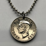 1948 England United Kingdom Great Britain 1 Shilling coin pendant English lion British crown king George VI London Manchester Leeds Sheffield Newcastle Liverpool Yorkshire Southampton Windsor Birmingham Canterbury Nottingham Bristol Essex Kent n000281