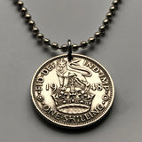 1948 England United Kingdom Great Britain 1 Shilling coin pendant English lion British crown king George VI London Manchester Leeds Sheffield Newcastle Liverpool Yorkshire Southampton Windsor Birmingham Canterbury Nottingham Bristol Essex Kent n000281