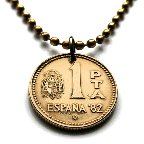 1980 Spain 1 Peseta coin pendant Copa Mundial de futbol España 1982 World Cup Camp Nou Santiago Bernabéu Madrid Barcelona Sarria Stadium Coruña Gijón Oviedo Alicante Bilbao Valencia Zaragoza Sevilla Malaga Italy World Champions Paolo Rossi n001749