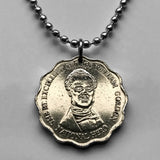 2000 Jamaica 10 Dollar coin pendant crocodile alligator pineapples George W. Gordon Kingston Portmore Spanish Town Montego Bay May Pen Mandeville Old Harbour Savanna-la-Mar Ocho Ríos Jamrock Jamdung Jamaican Patois Rastafari Reggae Bob Marley n002637