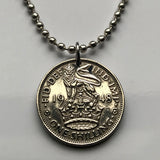 1948 England United Kingdom Great Britain 1 Shilling coin pendant English lion British crown king George VI London Manchester Leeds Sheffield Newcastle Liverpool Yorkshire Southampton Windsor Birmingham Canterbury Nottingham Bristol Essex Kent n000281