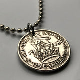 1948 England United Kingdom Great Britain 1 Shilling coin pendant English lion British crown king George VI London Manchester Leeds Sheffield Newcastle Liverpool Yorkshire Southampton Windsor Birmingham Canterbury Nottingham Bristol Essex Kent n000281