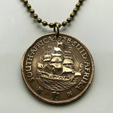 1960 South Africa 1 Penny coin pendant Dromedaris ship sail boat Cape Town Vereeniging Soshanguve Xhosa Tswana Zulu Afrikaan Dutch k000053