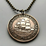 1960 South Africa 1 Penny coin pendant Dromedaris ship sail boat Cape Town Vereeniging Soshanguve Xhosa Tswana Zulu Afrikaan Dutch k000053