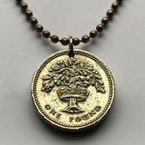 1987 England United Kingdom 1 Pound coin pendant English Oak Tree Royal Crown London Manchester Birmingham Newcastle Yorkshire Leeds n002746