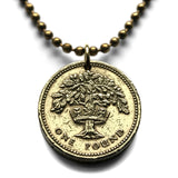 1987 England United Kingdom 1 Pound coin pendant English Oak Tree Royal Crown London Manchester Birmingham Newcastle Yorkshire Leeds n002746