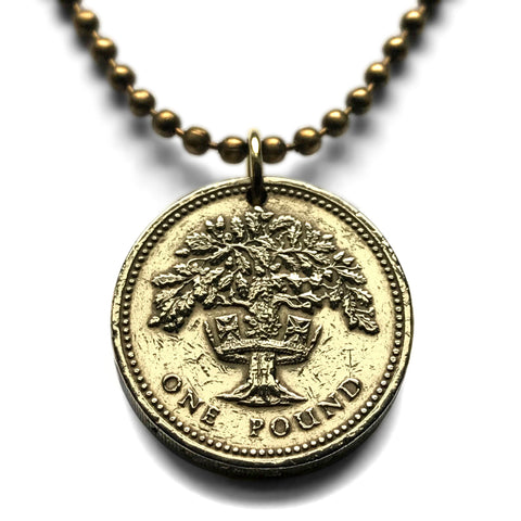 1987 England United Kingdom 1 Pound coin pendant English Oak Tree Royal Crown London Manchester Birmingham Newcastle Yorkshire Leeds n002746