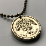 1987 England United Kingdom 1 Pound coin pendant English Oak Tree Royal Crown London Manchester Birmingham Newcastle Yorkshire Leeds n002746