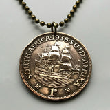 1960 South Africa 1 Penny coin pendant Dromedaris ship sail boat Cape Town Vereeniging Soshanguve Xhosa Tswana Zulu Afrikaan Dutch k000053