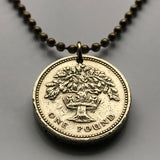 1987 England United Kingdom 1 Pound coin pendant English Oak Tree Royal Crown London Manchester Birmingham Newcastle Yorkshire Leeds n002746