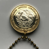 2001 Mexico 10 Pesos coin pendant Aztec Sun Stone Tonatiuh calendar Mexica eagle snake Tlaltecuhtli Zócalo Tenochtitlan Templo Mayor n002811