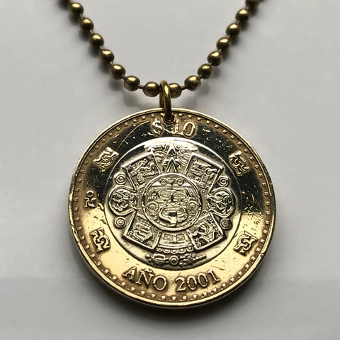 2001 Mexico 10 Pesos coin pendant Aztec Sun Stone Tonatiuh calendar Mexica eagle snake Tlaltecuhtli Zócalo Tenochtitlan Templo Mayor n002811