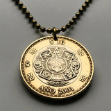 2001 Mexico 10 Pesos coin pendant Aztec Sun Stone Tonatiuh calendar Mexica eagle snake Tlaltecuhtli Zócalo Tenochtitlan Templo Mayor n002811