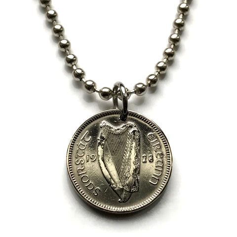 1928 Ireland Éire 3 Pence coin pendant necklace Irish rabbit hare cute bunny Gaelic harp Cláirseach Dublin Cork Limerick Waterford Ulster Carlow Hibernia Galway Munster Guinness St Patrick's n002996