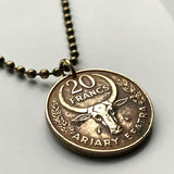 1970 Madagascar 20 Francs coin pendant zebu bull horns Antananarivo African island Malagasy Analamazoatra Reserve wildlife tourism n002988