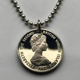 1974 British Virgin Islands 10 Cent coin pendant Ringed Kingfisher bird Jost Van Dyke Mount Sage The Baths beach snorkel coral reefs n000704