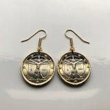 Italy 1 Euro coin earrings jewelry Vitruvian Man Leonardo da Vinci Vitruvius Canon of Proportions human body Rome Florence Venice Milan Torino Napoli Palermo Matera Amalfi Coast Pisa Siena Parma e000136