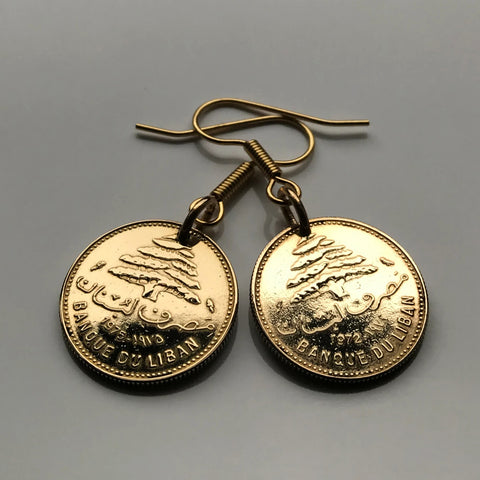 1975 Lebanon Liban 5 Piastres coin earrings Lebanese cedar tree Beirut Tripoli Jounieh Zahlé Sidon Aley Tyre Byblos Beqaa Valley Levantine Arabic Baalbek Batroun Nabatieh Zgharta Bint Jbeil Bsharri Baakleen Anjar Chekka Mediterranean Middle East e000138