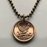 1998 South Africa 2 Cent coin pendant African eagle fish Secretarybird Cape Town Pretoria Bloemfontein Port Elizabeth Johannesburg Durban Afrikaans Soweto Bantu Zulu isiZulu Xhosa Tswana Kgalagadi desert Kruger National Park Northern Sotho Gauteng n000663