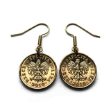 Poland Polska 5 Groszy coin earrings white Polish eagle Pole Warsaw Krakow Wroclaw Lodz Poznan Gdansk Szczecin Bydgoszcz Lublin Pila e000094