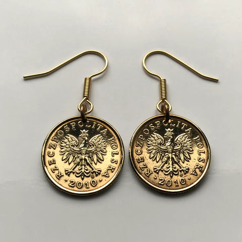 Poland Polska 5 Groszy coin earrings white Polish eagle Pole Warsaw Krakow Wroclaw Lodz Poznan Gdansk Szczecin Bydgoszcz Lublin Pila e000094