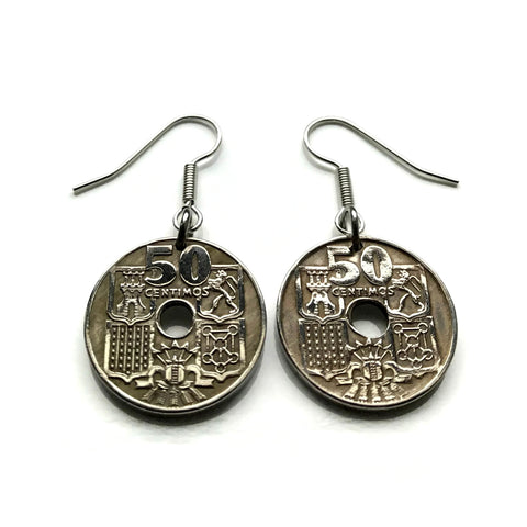 1949 Spain 50 Centimos coin earrings Castile Leon Aragon Navarre Granada Spanish Sevilla Malaga Granada Cataluña España anchor ship e000157