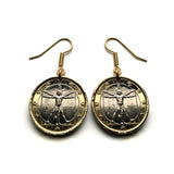 Italy 1 Euro coin earrings jewelry Vitruvian Man Leonardo da Vinci Vitruvius Canon of Proportions human body Rome Florence Venice Milan Torino Napoli Palermo Matera Amalfi Coast Pisa Siena Parma e000136