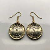 Italy 1 Euro coin earrings jewelry Vitruvian Man Leonardo da Vinci Vitruvius Canon of Proportions human body Rome Florence Venice Milan Torino Napoli Palermo Matera Amalfi Coast Pisa Siena Parma e000136