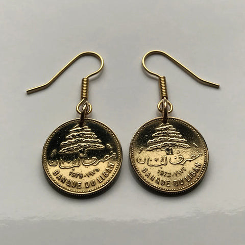 1975 Lebanon Liban 5 Piastres coin earrings Lebanese cedar tree Beirut Tripoli Jounieh Zahlé Sidon Aley Tyre Byblos Beqaa Valley Levantine Arabic Baalbek Batroun Nabatieh Zgharta Bint Jbeil Bsharri Baakleen Anjar Chekka Mediterranean Middle East e000138