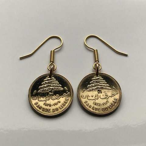 1975 Lebanon Liban 5 Piastres coin earrings Lebanese cedar tree Beirut Tripoli Jounieh Zahlé Sidon Aley Tyre Byblos Beqaa Valley Levantine Arabic Baalbek Batroun Nabatieh Zgharta Bint Jbeil Bsharri Baakleen Anjar Chekka Mediterranean Middle East e000138