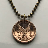 1998 South Africa 2 Cent coin pendant African eagle fish Secretarybird Cape Town Pretoria Bloemfontein Port Elizabeth Johannesburg Durban Afrikaans Soweto Bantu Zulu isiZulu Xhosa Tswana Kgalagadi desert Kruger National Park Northern Sotho Gauteng n000663