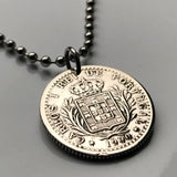 1900 Portugal 100 Reis coin pendant Portuguese Quinas castles Quincunx cross Lisboa Oporto Sintra Braga Coimbra Évora Faro Santa Maria de Belém Vila Nova de Gaia Mirandese Guimarães Praia da Marinha Viseu Setúbal Amadora Funchal Almada Portalegre n003158