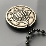 1900 Portugal 100 Reis coin pendant Portuguese Quinas castles Quincunx cross Lisboa Oporto Sintra Braga Coimbra Évora Faro Santa Maria de Belém Vila Nova de Gaia Mirandese Guimarães Praia da Marinha Viseu Setúbal Amadora Funchal Almada Portalegre n003158