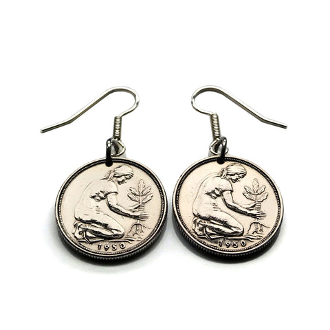 Germany Deutschland 50 Pfennig German coin earrings planting tree Berlin gardener Frankfurt Hamburg Stuttgart Cologne Düsseldorf Bavaria Bremen Dresden Hanover Nuremberg Leipzig Essen Hesse seedling e000064