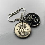 1969 Sweden 25 Ore Swedish initial G A coin earrings Stockholm Sverige Västerås Helsingborg Norrköping Smolandia Nordic Norse crown e000267